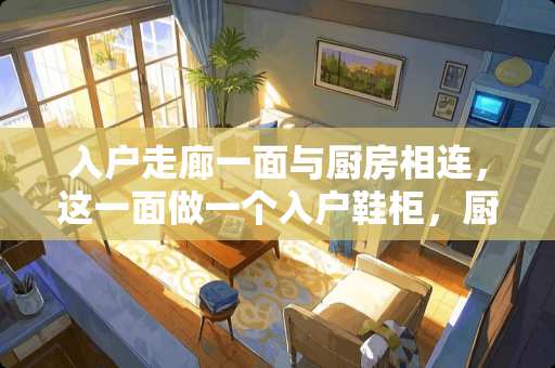 入户走廊一面与厨房相连，这一面做一个入户鞋柜，厨房墙壁贴磁砖。