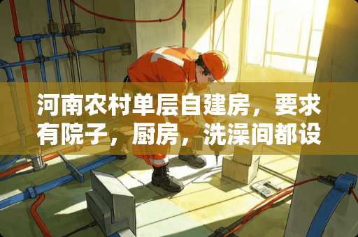 河南农村单层自建房，要求有院子，厨房，洗澡间都设在配房里，卫生间在院内，求解答？