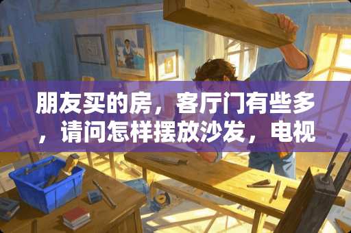 朋友买的房，客厅门有些多，请问怎样摆放沙发，电视等家具 长条客厅，家俱摆放，求指点，当前摆放方式，沙发后面对着大门，老觉得不太合适，求合理的解决方法