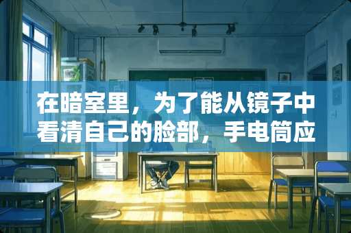 在暗室里，为了能从镜子中看清自己的脸部，手电筒应该怎么做？