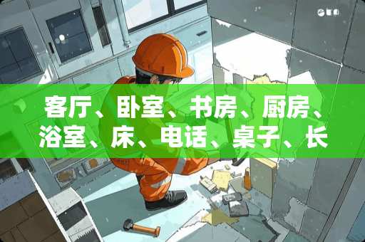 客厅、卧室、书房、厨房、浴室、床、电话、桌子、长沙发、冰箱的英语单词怎么读？
